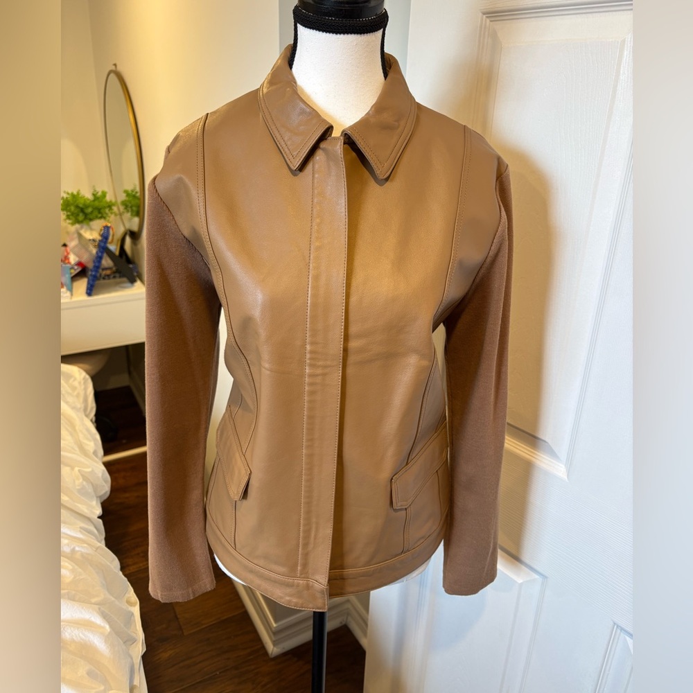 Vintage Genuine Leather Camel Jacket M Knit Sleeve Mixed Media